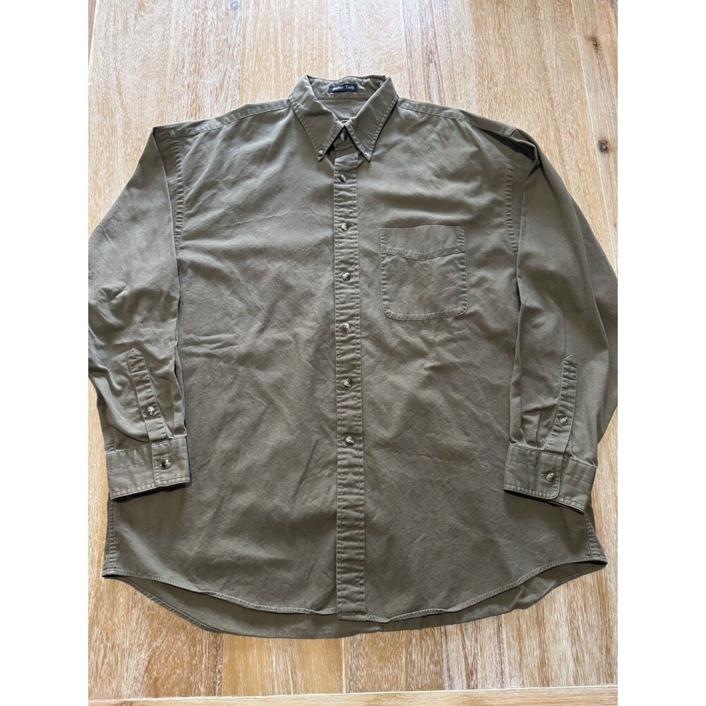 Vintage 90s Gant Shirt Mens XL Washer Twill Olive Khaki Brown Button Crest Stain